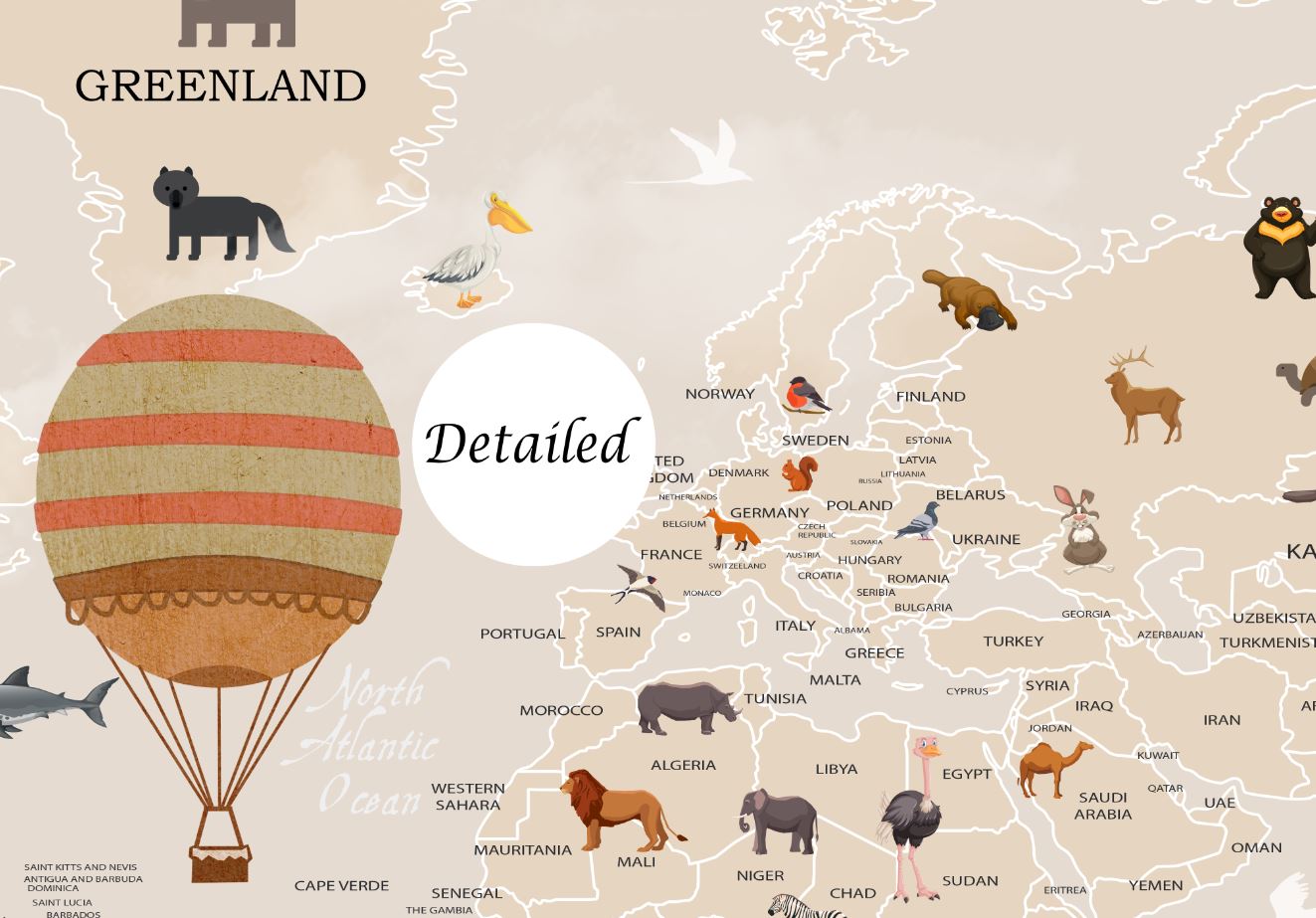Hot air Balloons, Educational world map for Kids rooms design , For Di