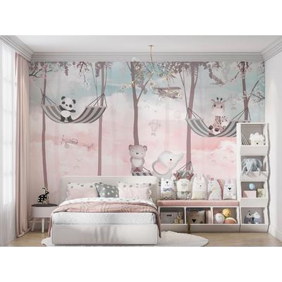 Animals lying in a hammock among the trees, children's room wallpaper design, layered file.