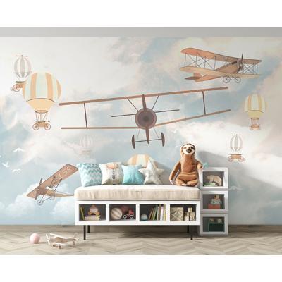 Balloons flying in the blue sky, winged airplanes layered file