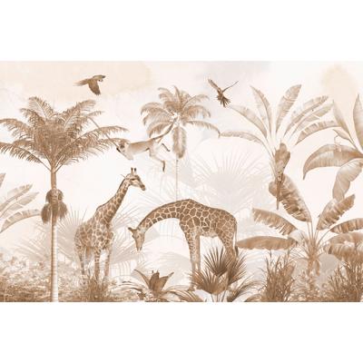 Beige and Brown Colors Safari animals among trees, children's room wallpaper design, layered file.
