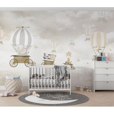Beige Sky Hot air balloons and Cute animals wallpaper design