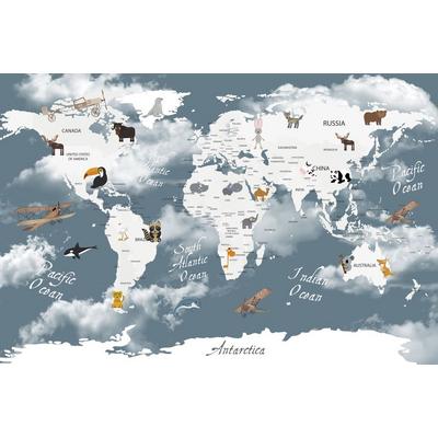 Blue background cute animals world map Digital file