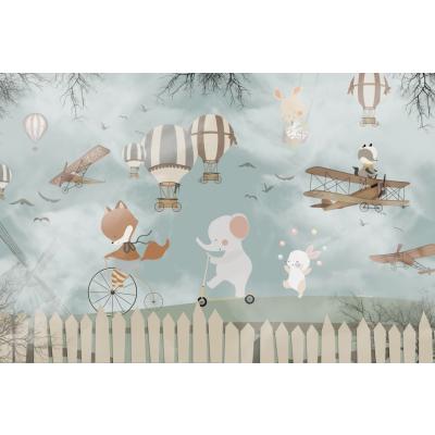 Blue Sky , Cute animals and Biplanes Children's room wallpaper design