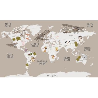 Brown background cute animals and Biplanes world map Digital file