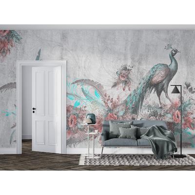 Colorful flowers and peacocks on the concrete wall.