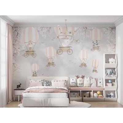 Cute animal wallpaper design with flying balloons.