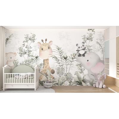 Cute animals among green leaves wallpaper design.