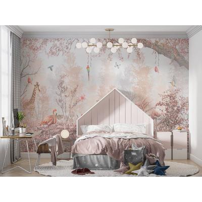 Cute Animals Among Pink Trees Kids Room Wallpaper Design