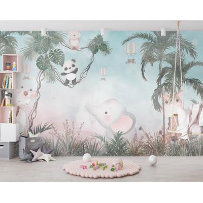 Cute animals among trees and leaves - children's room wallpaper design.