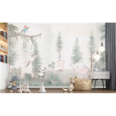 Cute animals among trees and leaves - children's room wallpaper design. Layered File
