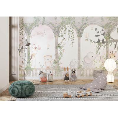 Cute animals between columns - children's room wallpaper design.