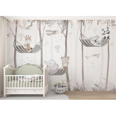Cute Animals lying in a hammock among the trees, children's room wallpaper design, layered file.