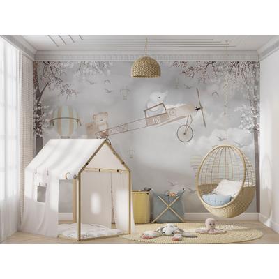 Cute animals on a winged airplane wallpaper design