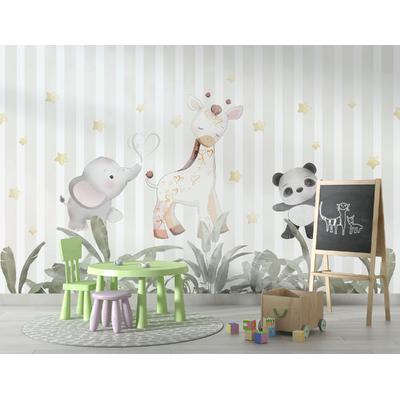 Cute animals wallpaper design among tropical leaves.