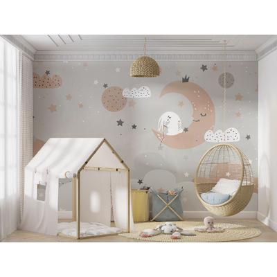 Cute white rabbit on the clouds children's room wallpaper design