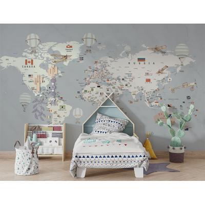 Gray Background Educational world map for Kids rooms design , For Digital Print. Digital File , Layered File