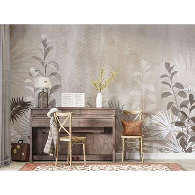 Leaves wallpaper design on a beige-brown background.