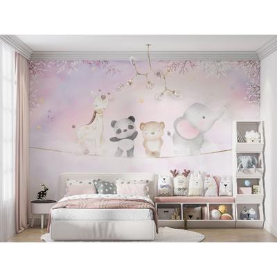 Pink Clouds Hot air balloons and Cute animals wallpaper design