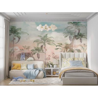 Safari animals among trees, children's room wallpaper design, layered file.