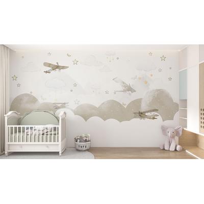 Soft Color Mountains with Winged Airplanes Kids Room Wallpaper Design