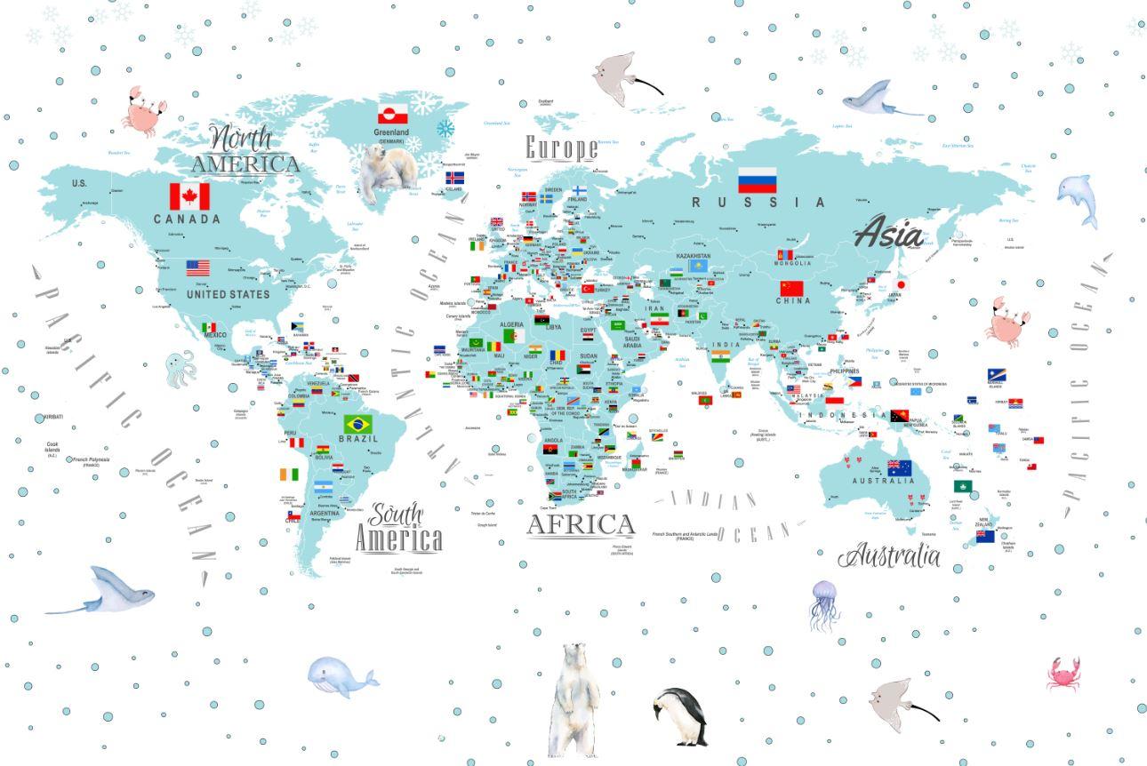 Turquoise Educational world map for Kids rooms design , For Digital Pr