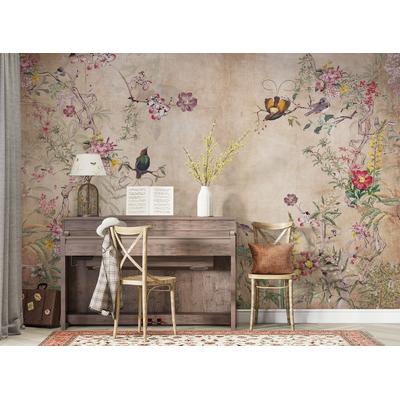 Vintage style Colorful Flowers and Birds wallpaper design