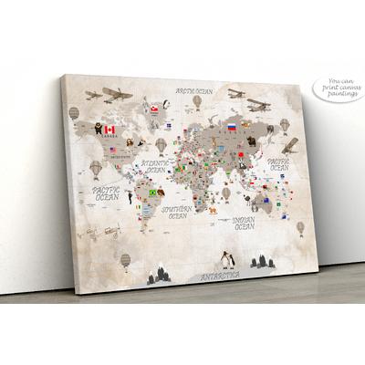 Watercolor Educational world map for Kids rooms design , For Digital Print. Digital File