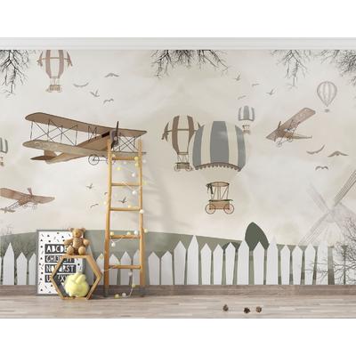 Winged airplanes and hot air balloons wallpaper design for children's rooms and nurseries.