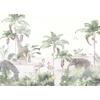 Cute animals among green leaves and Trees wallpaper design.