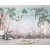 Cute animals among trees and leaves - children's room wallpaper design.