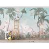 Cute animals among trees and leaves - children's room wallpaper design.