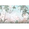 Cute animals among trees and leaves - children's room wallpaper design.
