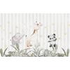 Cute animals wallpaper design among tropical leaves.