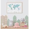 Turquoise Educational world map for Kids rooms design , For Digital Print. Digital File