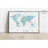 Turquoise Educational world map for Kids rooms design , For Digital Print. Digital File